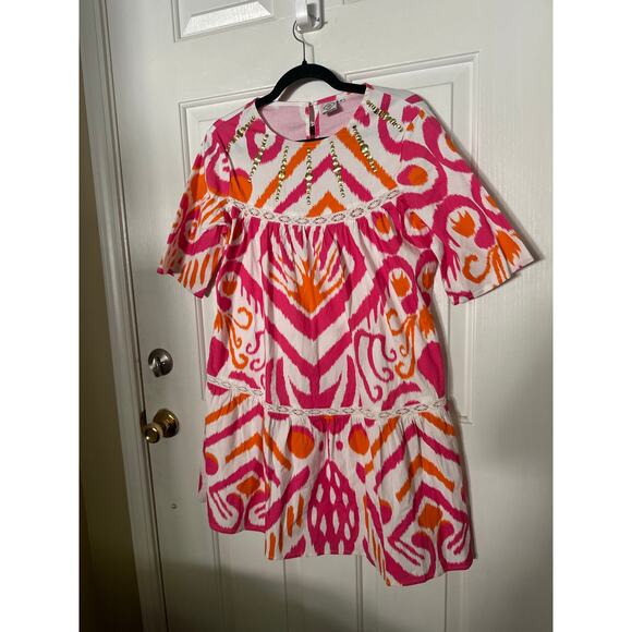 Sheridan French Embellished Short Sleeve Crew Neck Tiered Mini Dress Pink Small - Picture 4 of 9